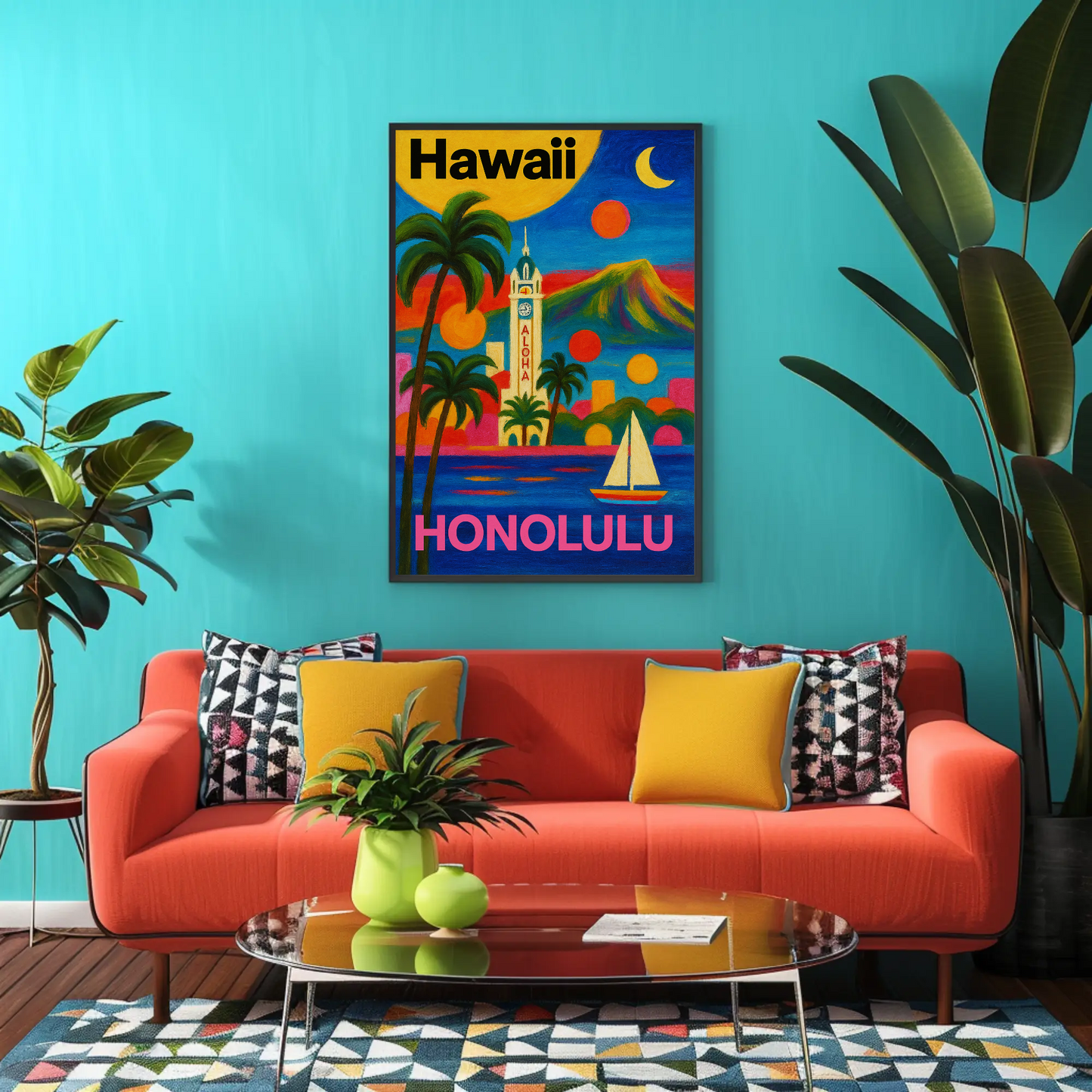 Honolulu Hawaii Skyline Retro Vintage Travel Poster