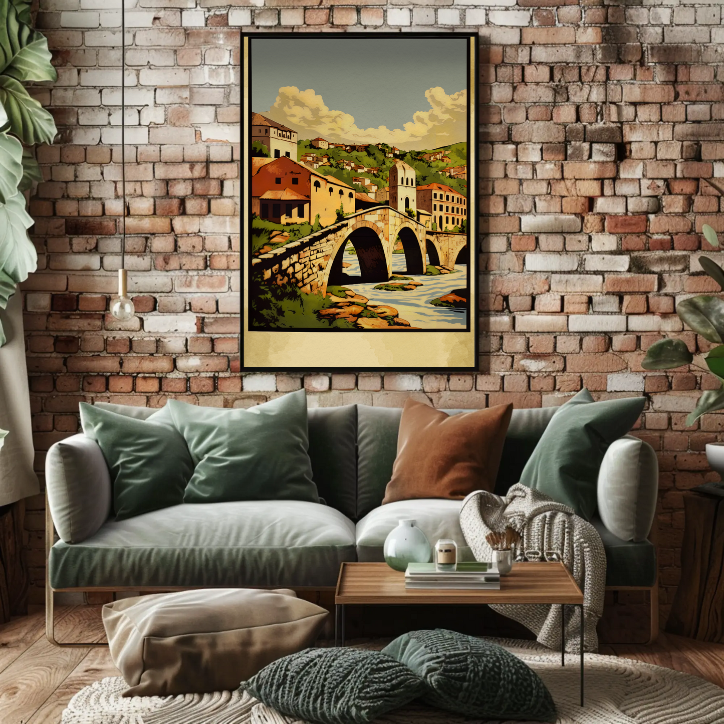 Stone Arch Bridge European Village Landscape Travel Poster