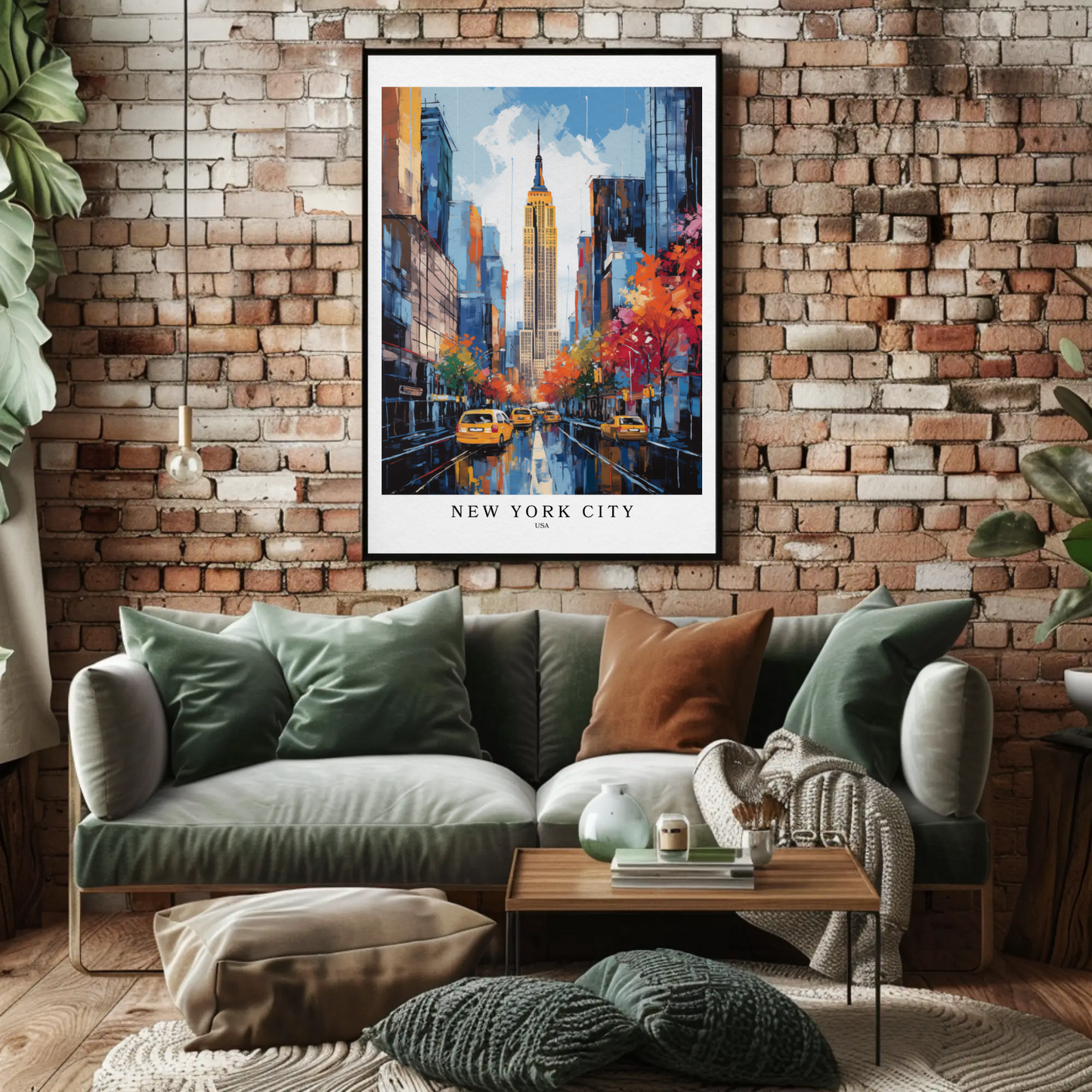 New York City Fall Taxis Empire State Building Travel Poster