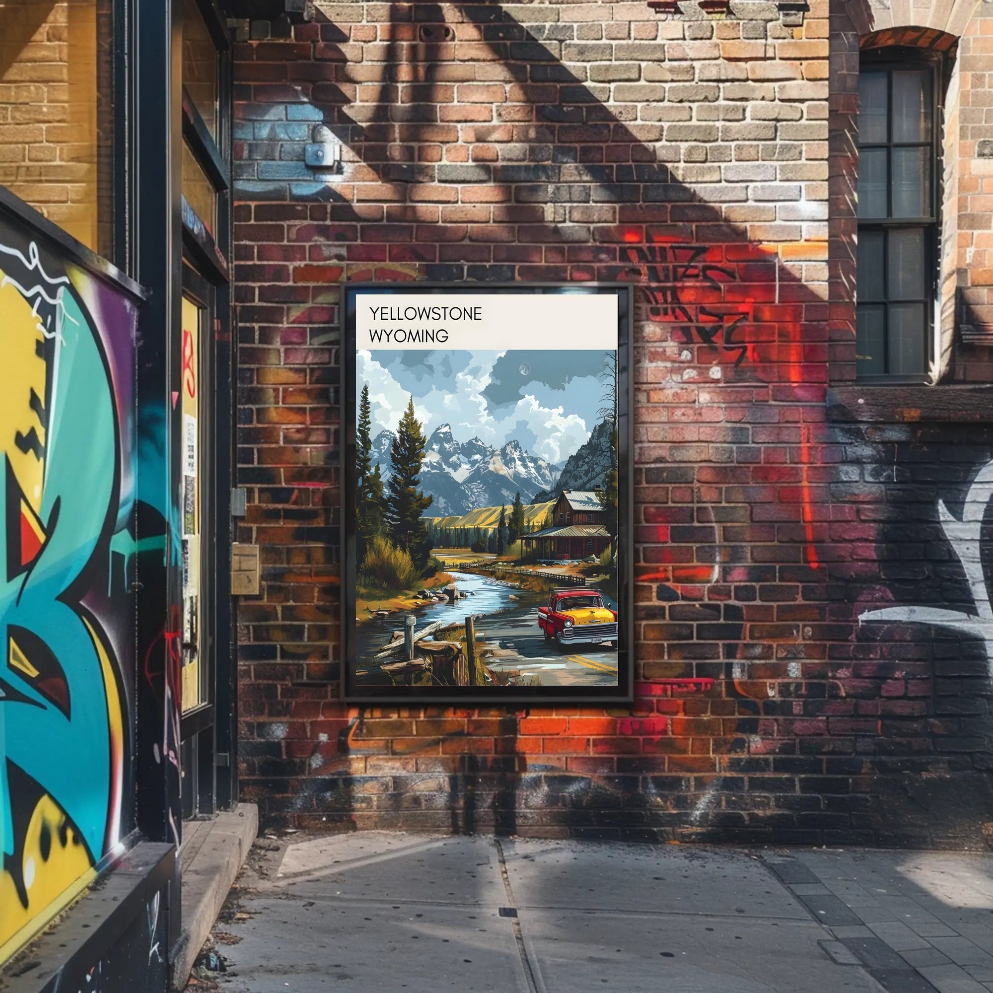 Scenic Yellowstone: Vintage Truck and Rustic Cabin Poster