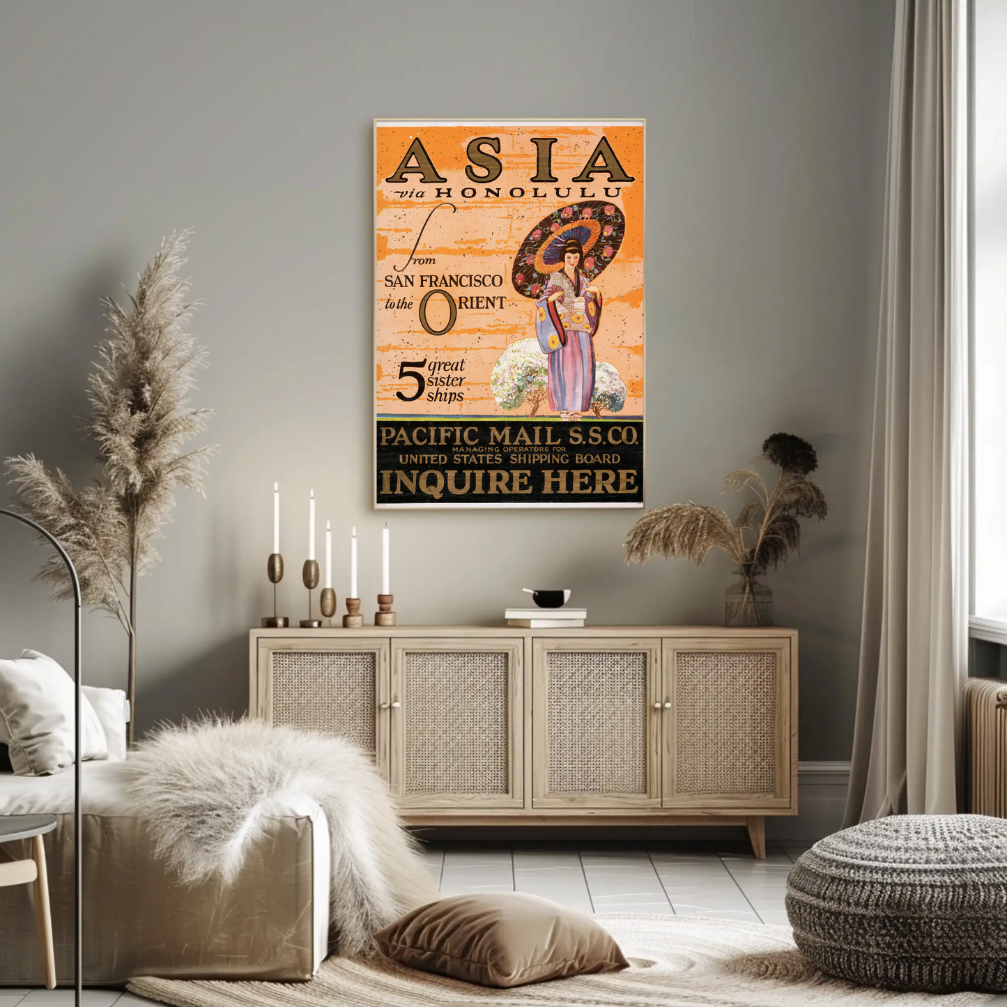 Asia via Honolulu - Pacific Mail Poster