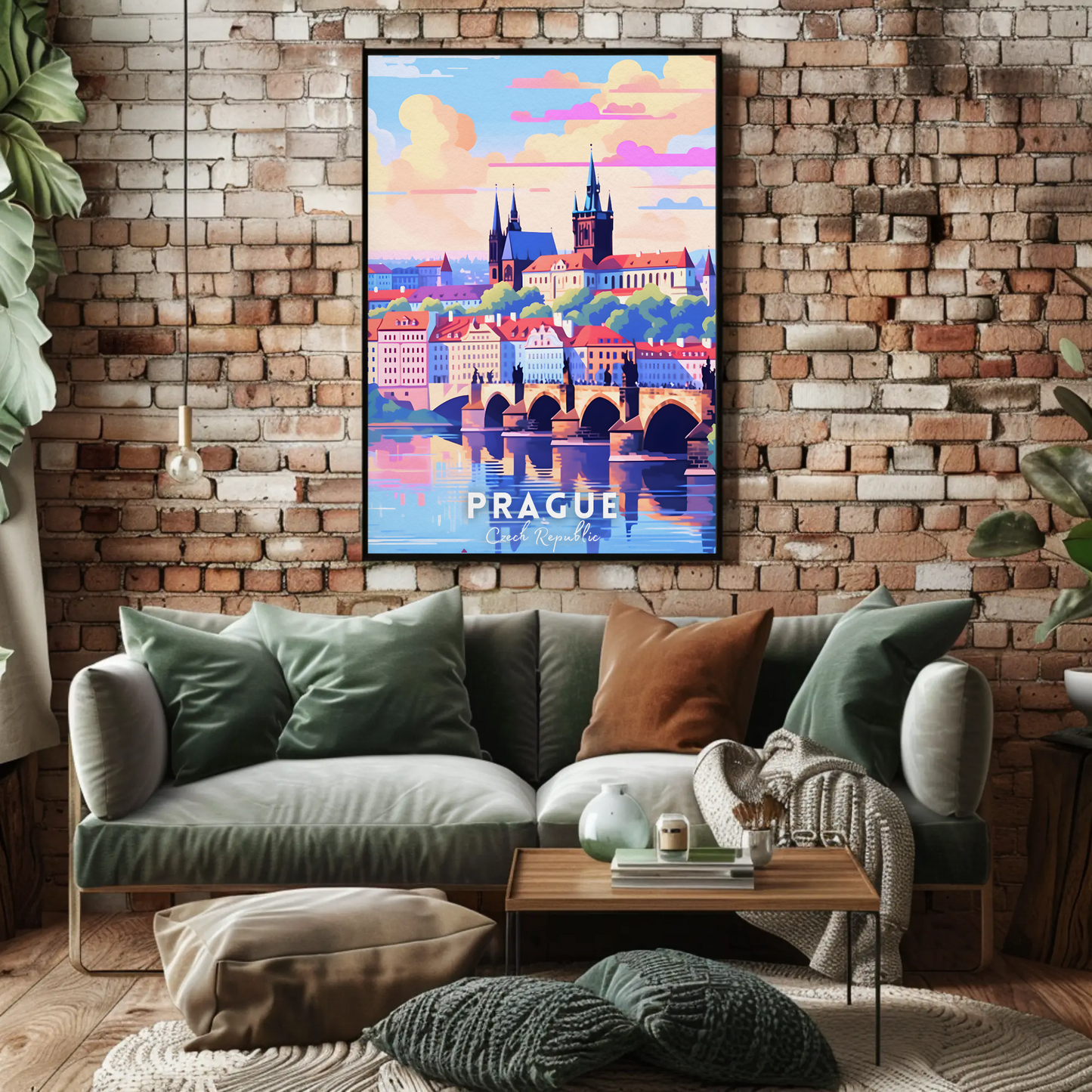 Prague City Bridge Sunset Travel Poster