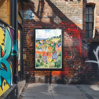 Colorful Hillside Village Poster PosterGoat