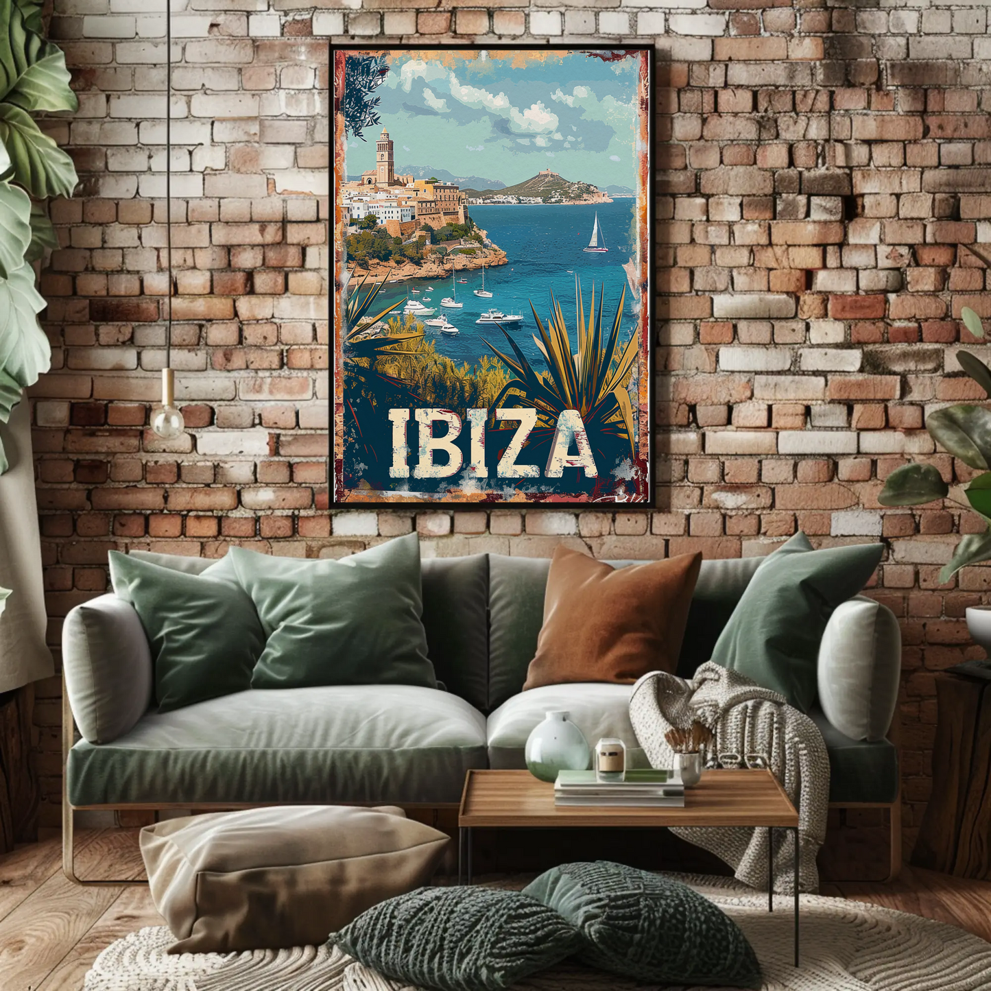 Ibiza Cliffside Town and Sailing Bay Travel Poster