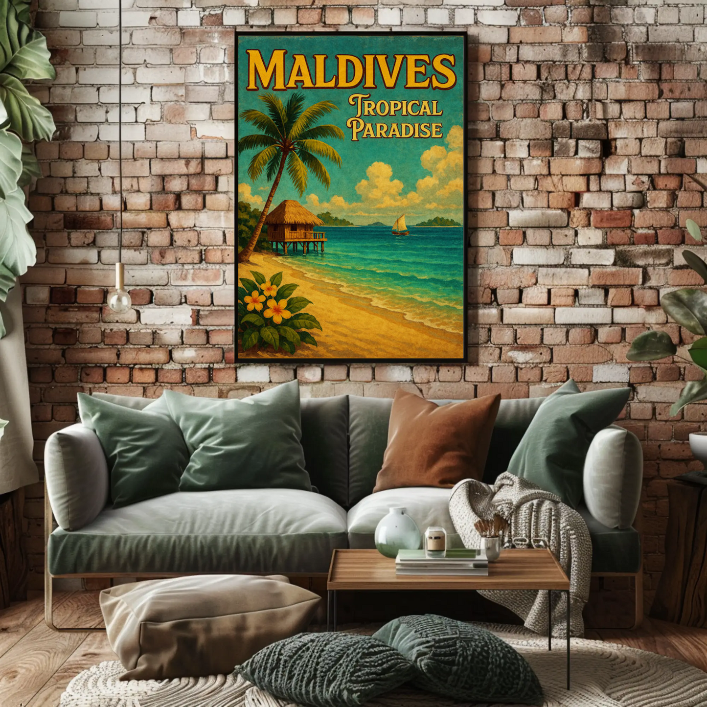 Maldives Tropical Hut With Sailboat Scene Travel Poster