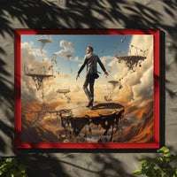 Surreal Suit Man on Broken Platforms Artistic Poster