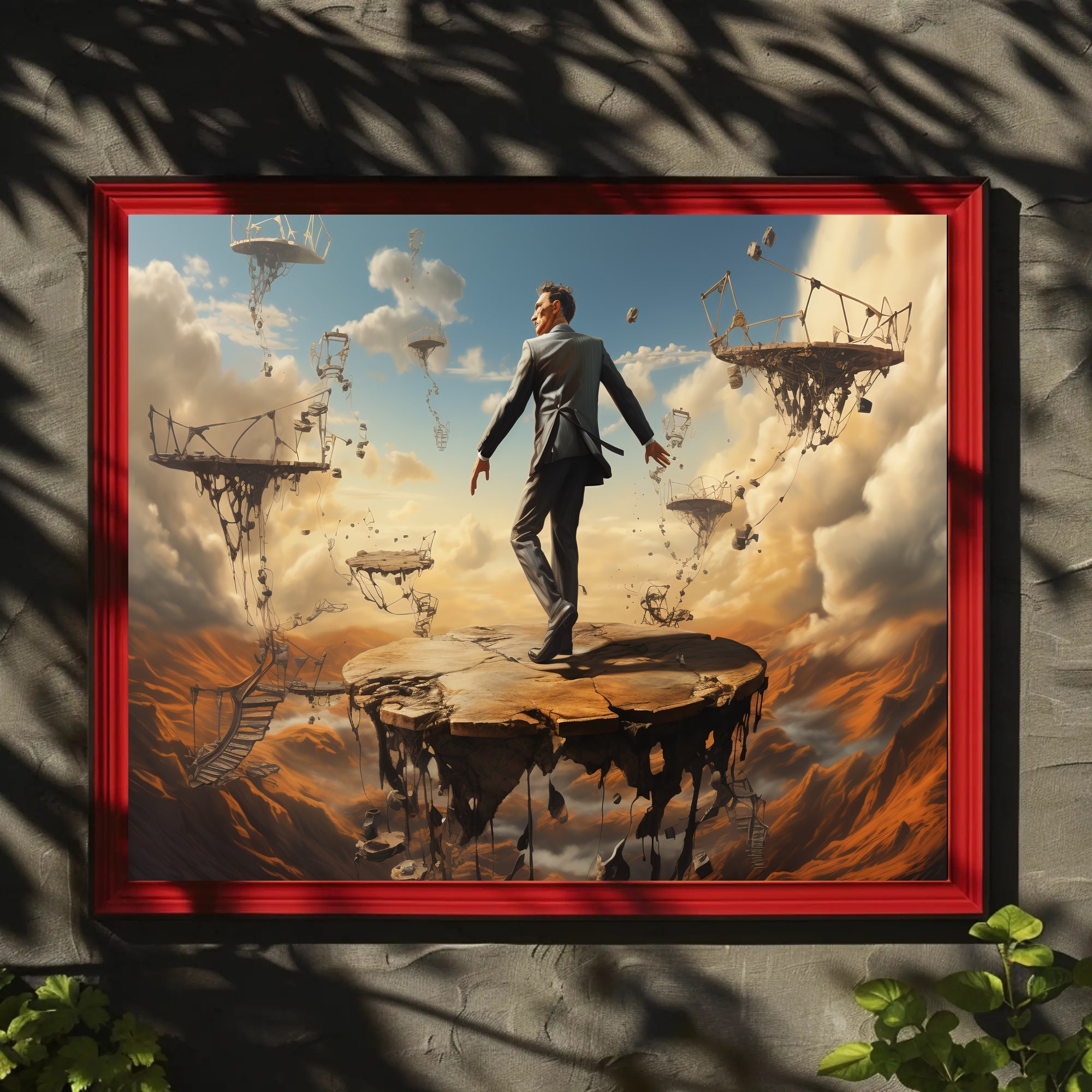 Surreal Suit Man on Broken Platforms Artistic Poster