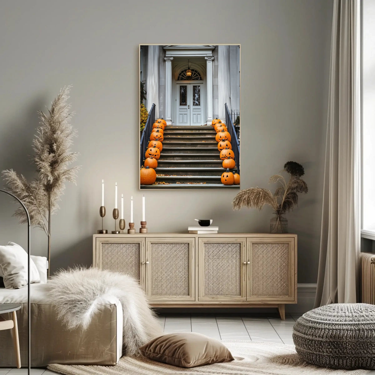 Halloween Entrance Decorations Carved Pumpkins Poster