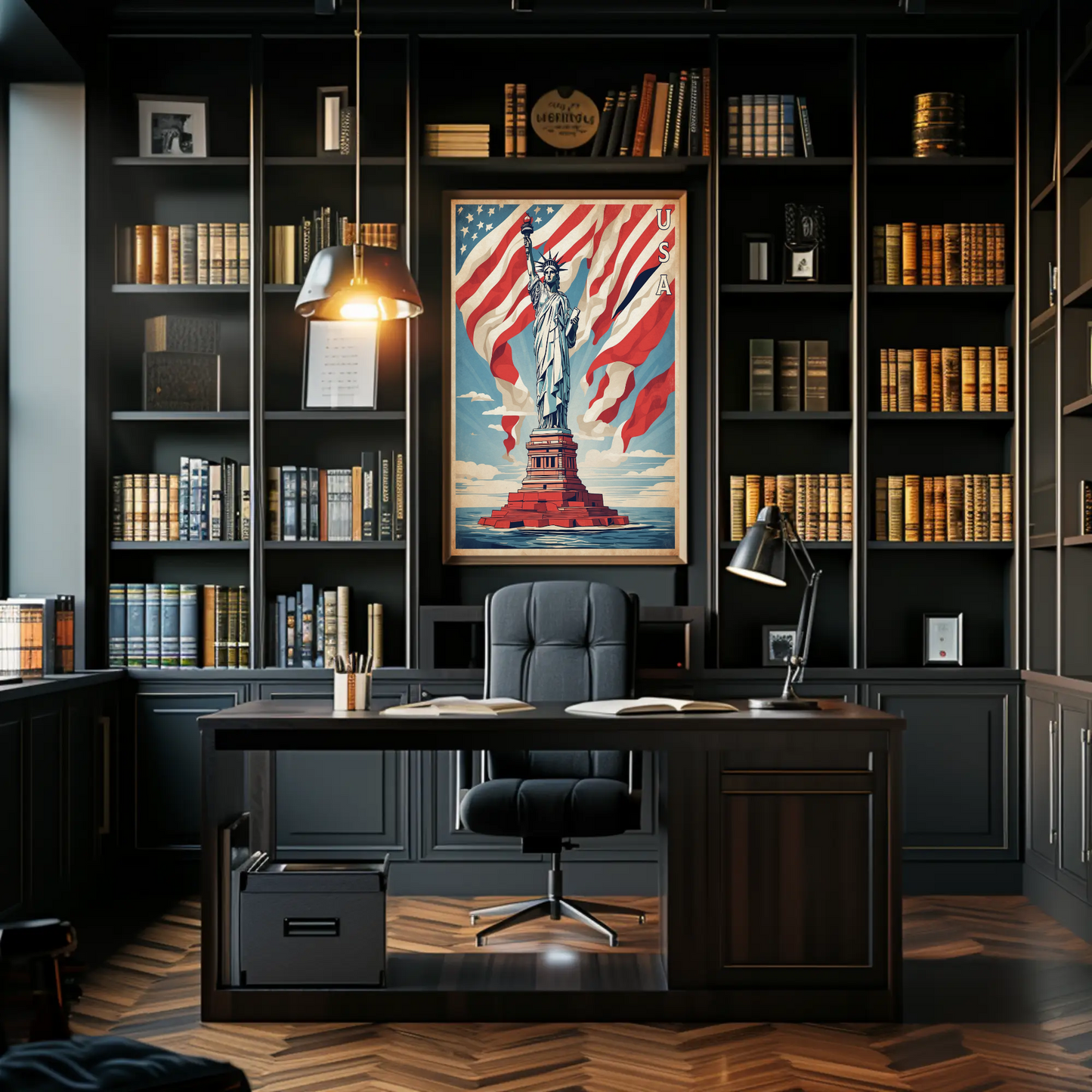 Liberty Statue American Flag Waves Vintage Travel Poster