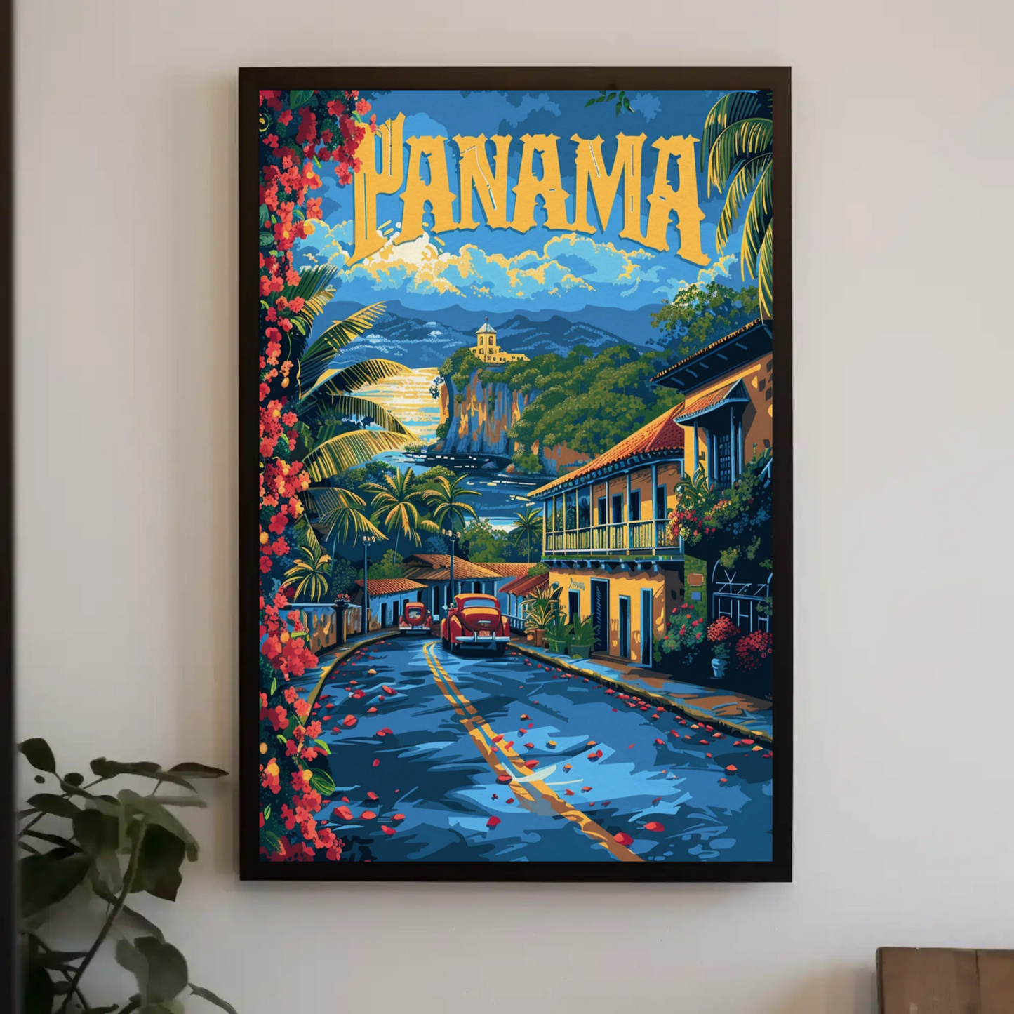 Panama Coastal Cliffs Village Retro Street View Travel Poster