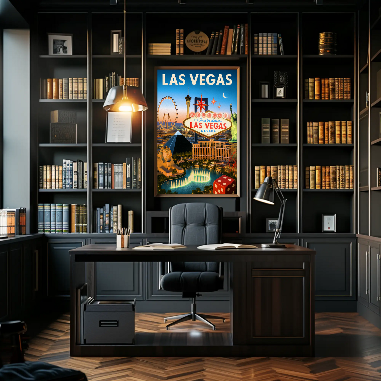 Las Vegas Iconic Landmarks Night Lights Vintage Travel Poster