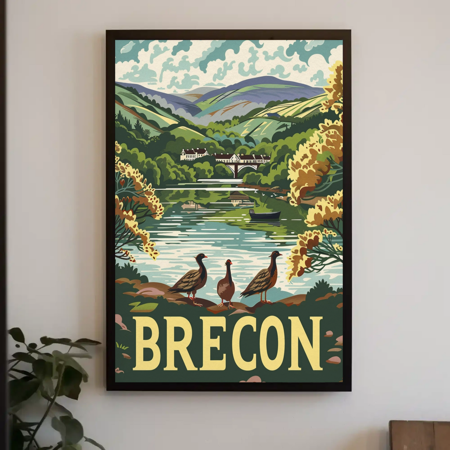 Brecon River Ducks Village Hillside Travel Poster