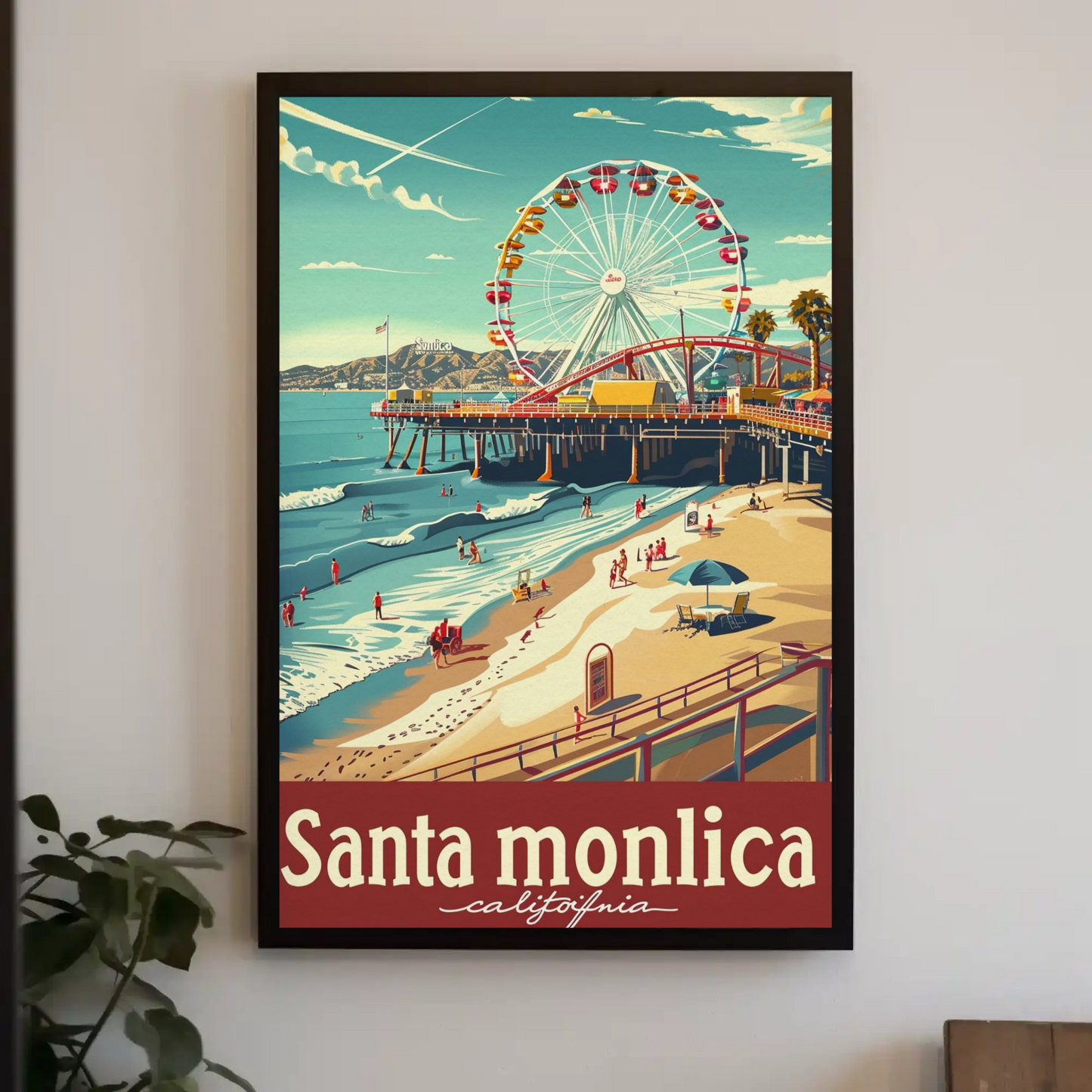 Santa Monica California Ferris Wheel Oceanfront View Travel Poster