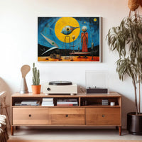 Surrealistic Abstract Art Poster with Bird and Humanoid Figures