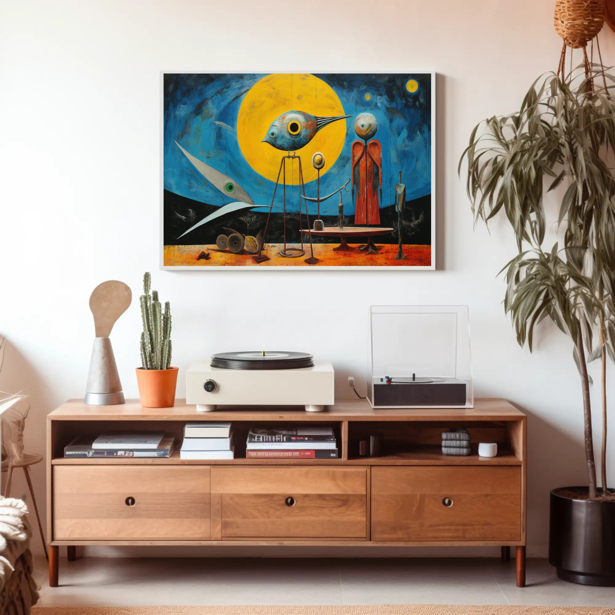 Surrealistic Abstract Art Poster with Bird and Humanoid Figures