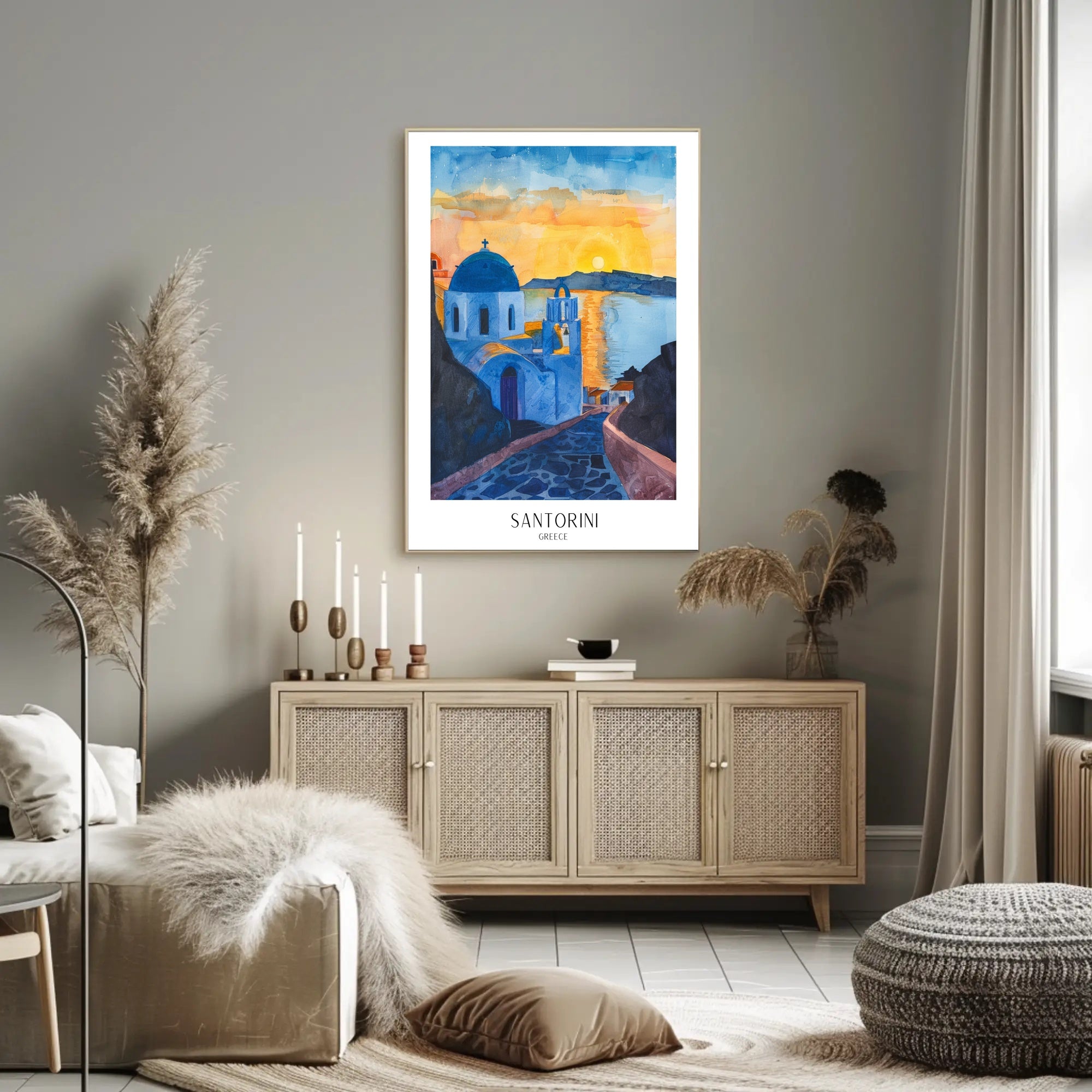 Santorini Sunset Watercolor Travel Poster PosterGoat