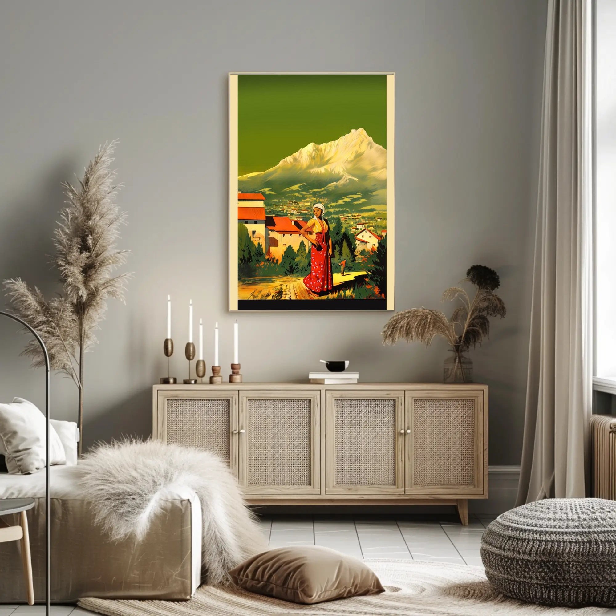 Serene Mountain Village with Traditional Attire Poster