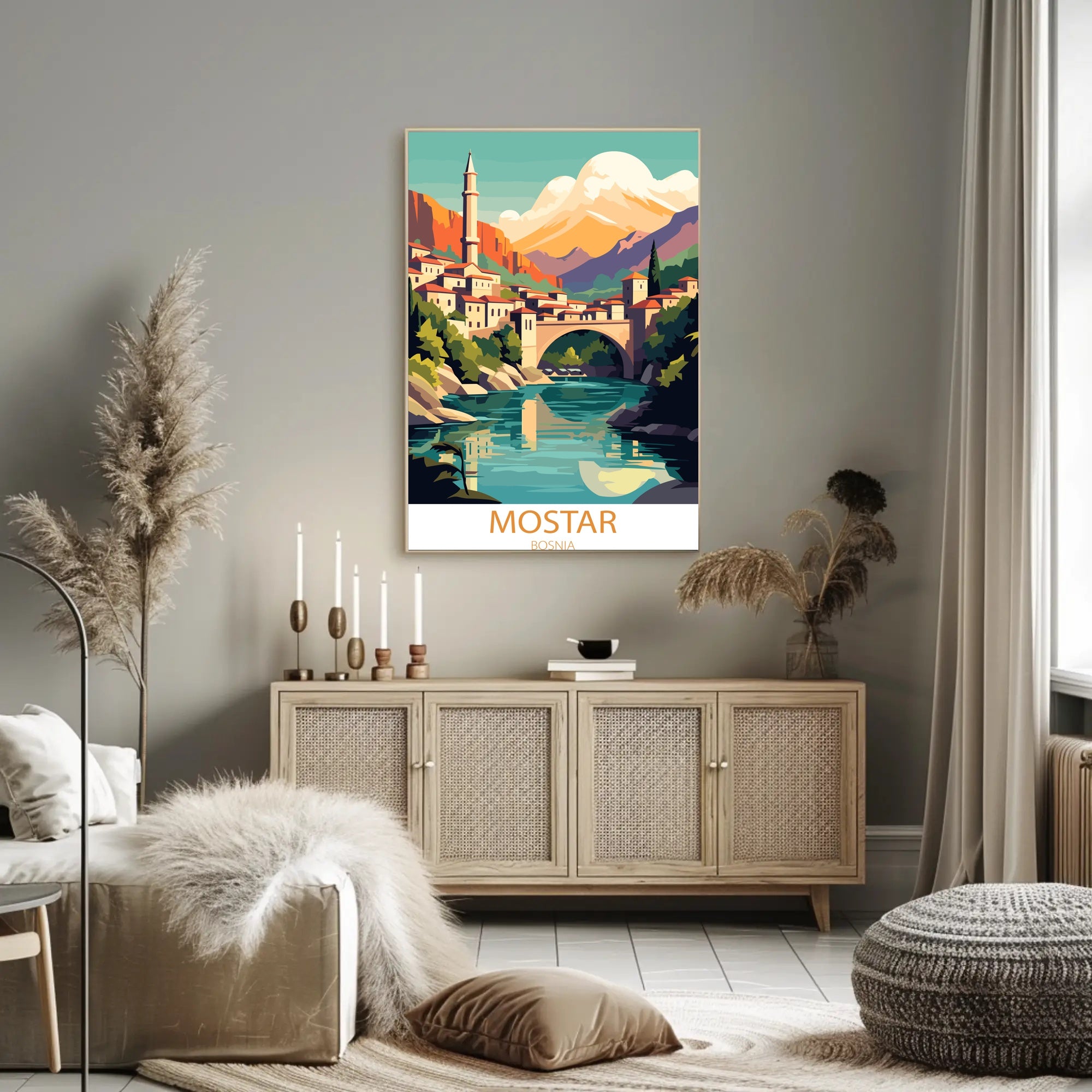 Mostar Vibrant Arched Bridge Travel Poster