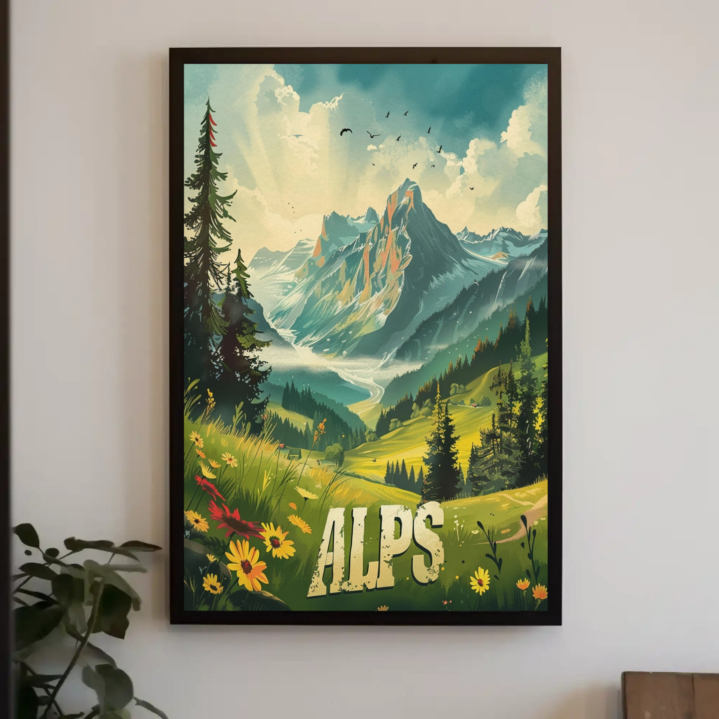 Alps Mountain Meadow Light Rays Forest Travel Poster