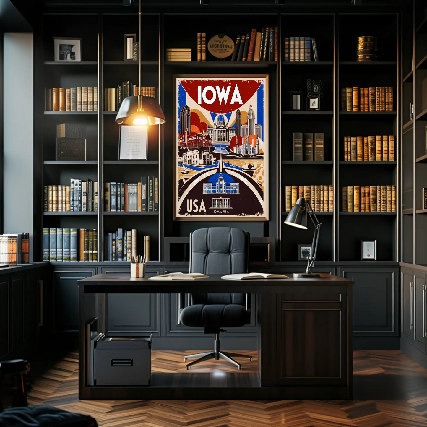 Iowa USA Civic Dome And Skyline Vintage Maroon Travel Poster