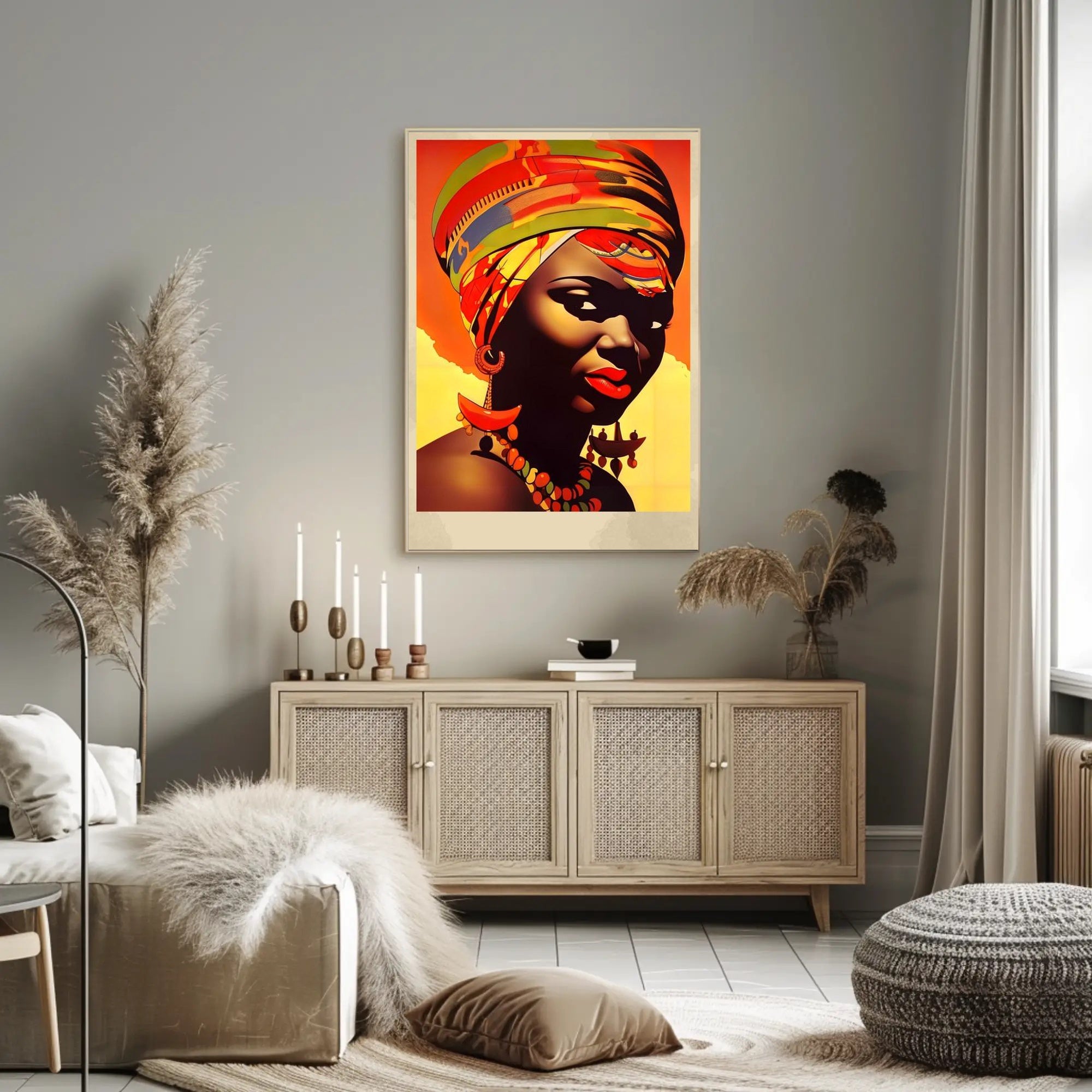 Vibrant Elegance: Woman with Colorful Headwrap and Bold Accessories Poster
