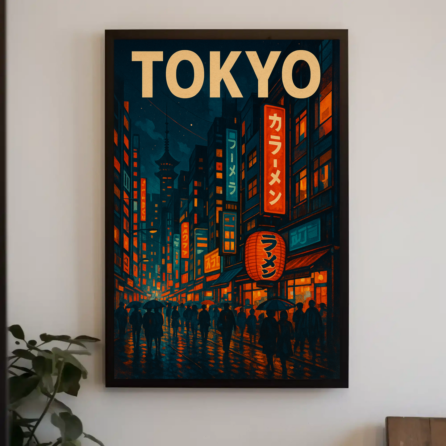 Tokyo Night Rain Lantern Travel Poster