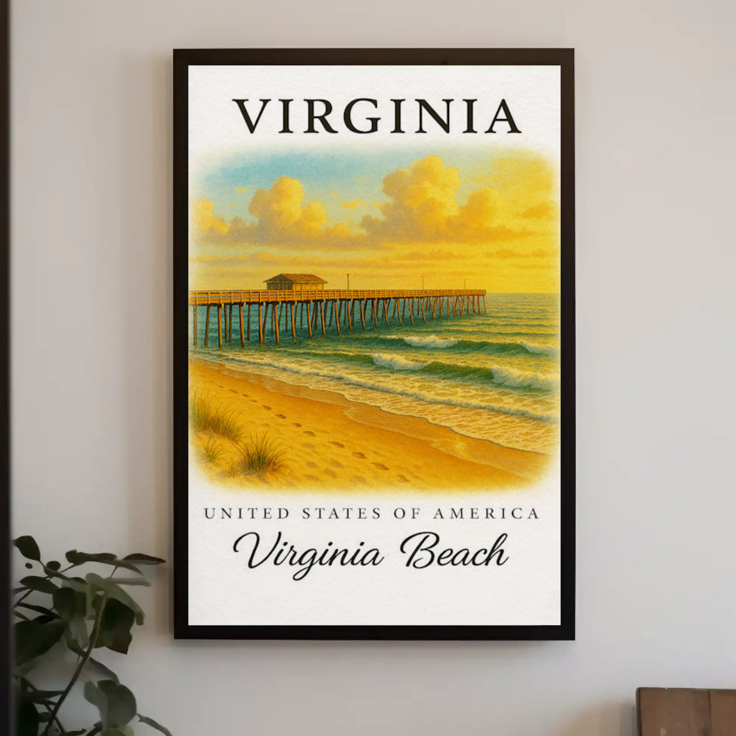 Virginia Beach Pier Ocean Sunset Classic Seaside Travel Poster