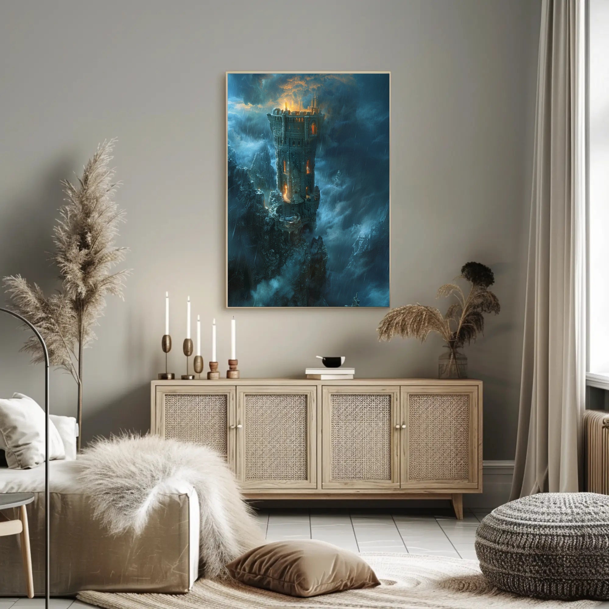 Towering Fortress in Majestic Mountains - Fantasy or Mythology Poster PosterGoat