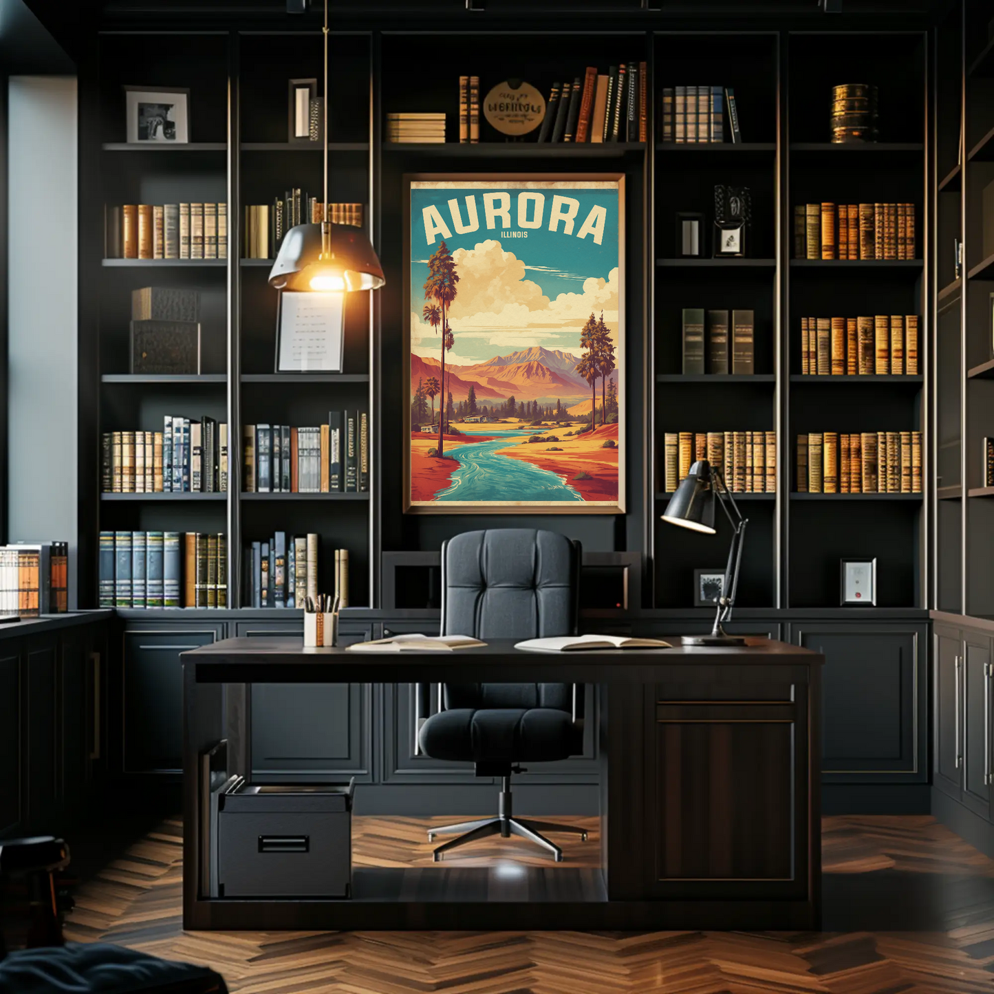 Aurora Illinois River Horizon Vintage Travel Poster