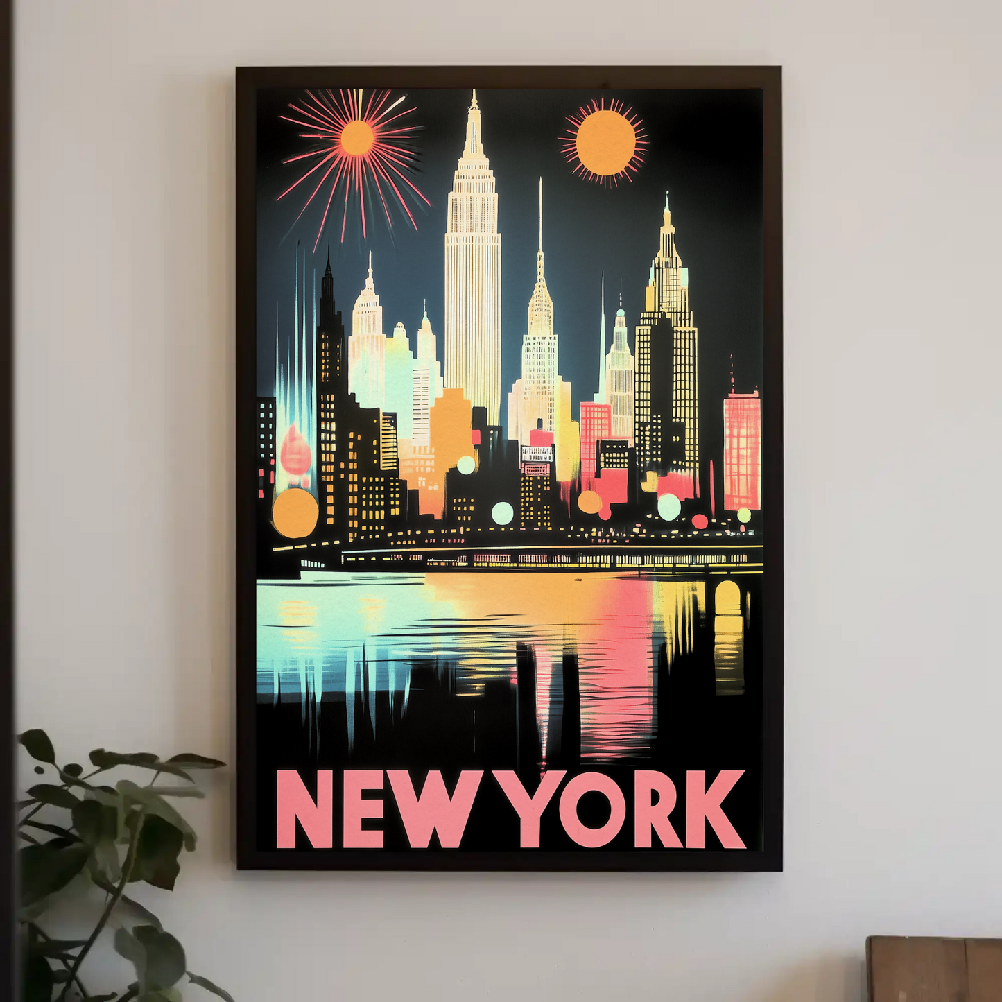 New York Night Skyline Neon Glow Lights Poster