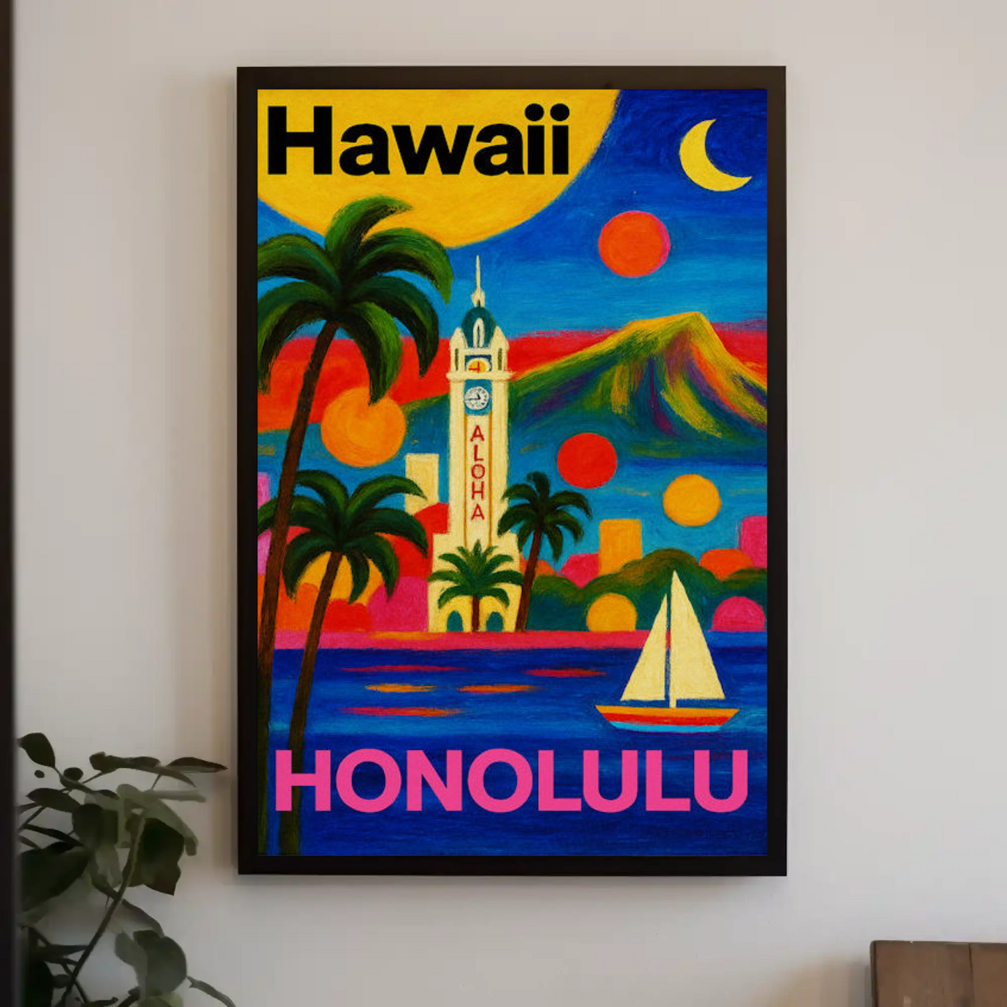 Honolulu Hawaii Tower View With Sunset Colors Travel Poster