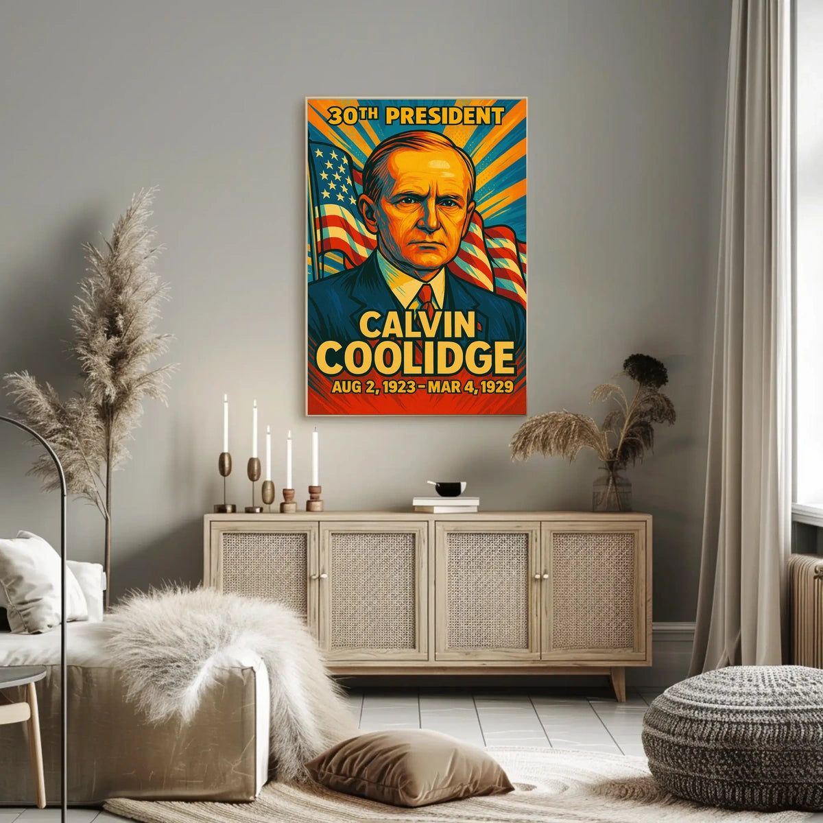 Calvin Coolidge 30th President of the United States Colorful Comic Book Style Poster