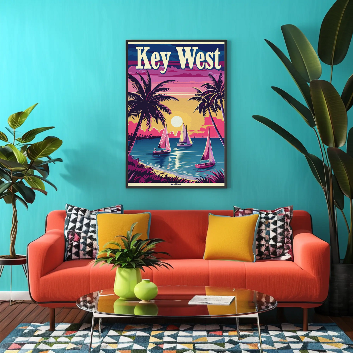 Key West Sailboats at Sunset Vintage Style Poster