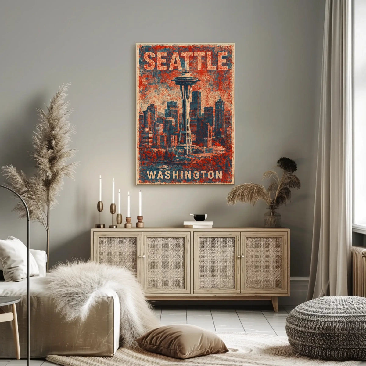 Seattle Space Needle Retro Urban Cityscape Travel Poster