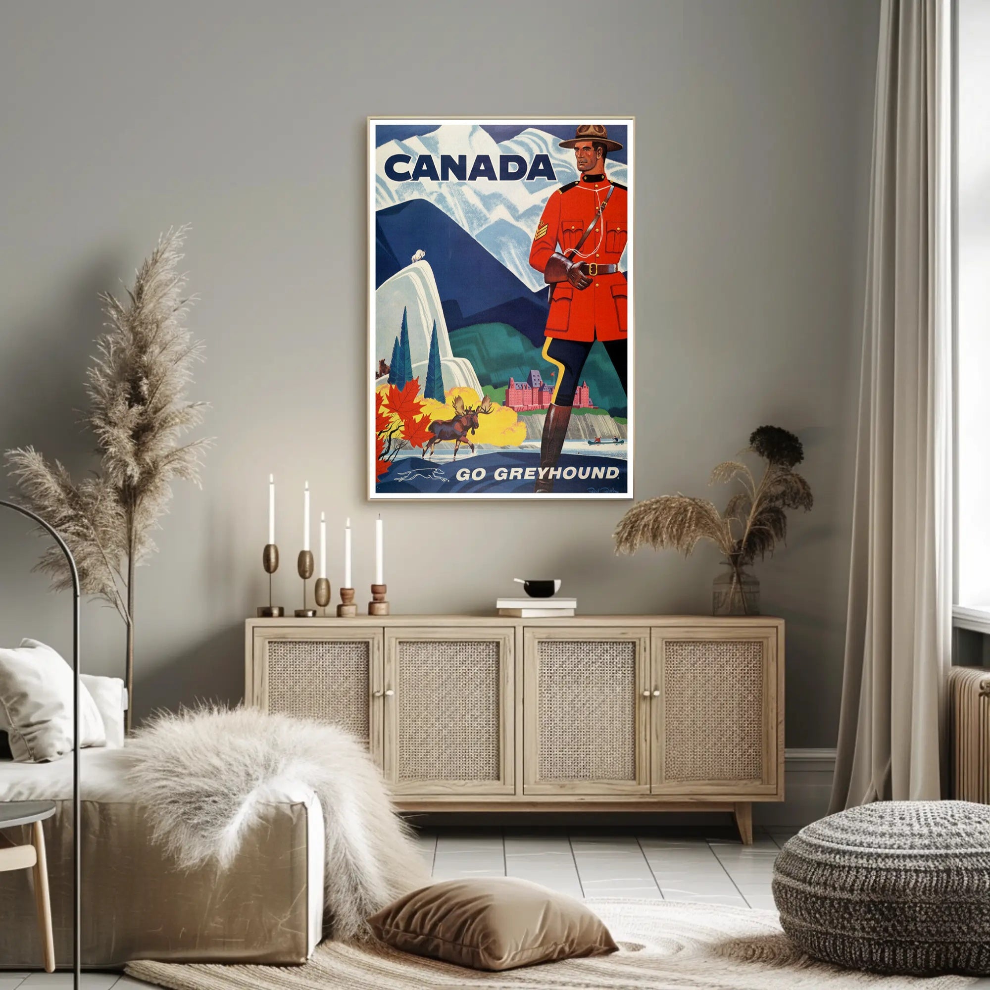 Vintage Canada Travel Poster with Mountie and Wildlife Travel Poster PosterGoat