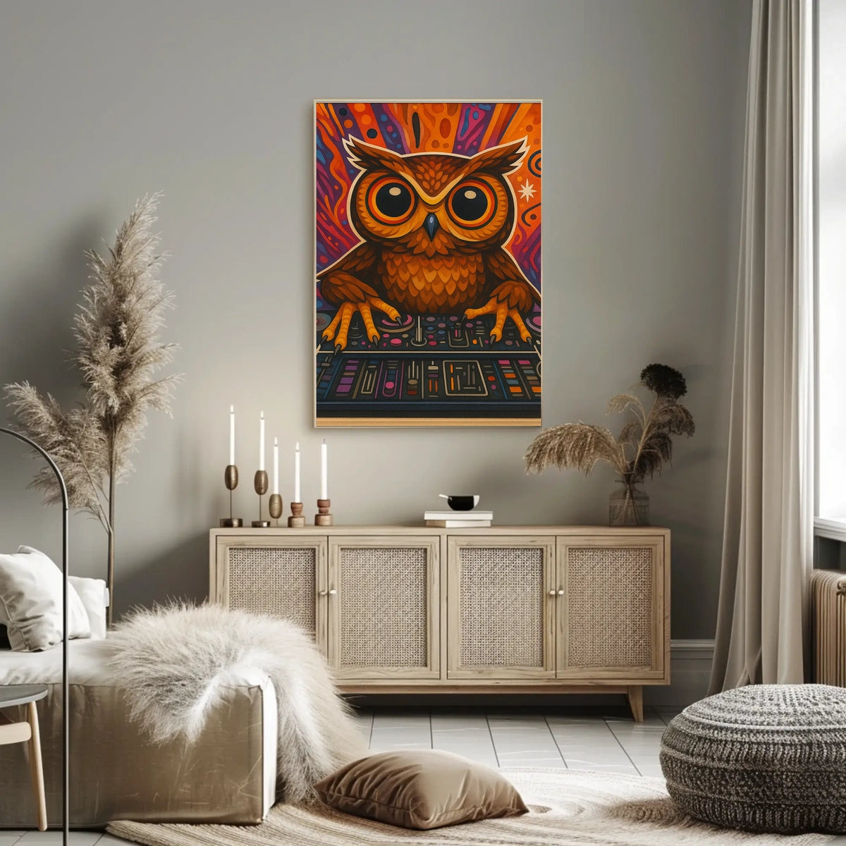 Stylized Owl DJing at Console Abstract Pop Culture Poster
