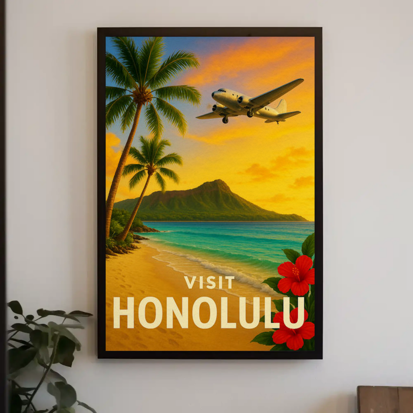 Visit Honolulu Hawaii Vintage Plane Palm Beach Travel Poster