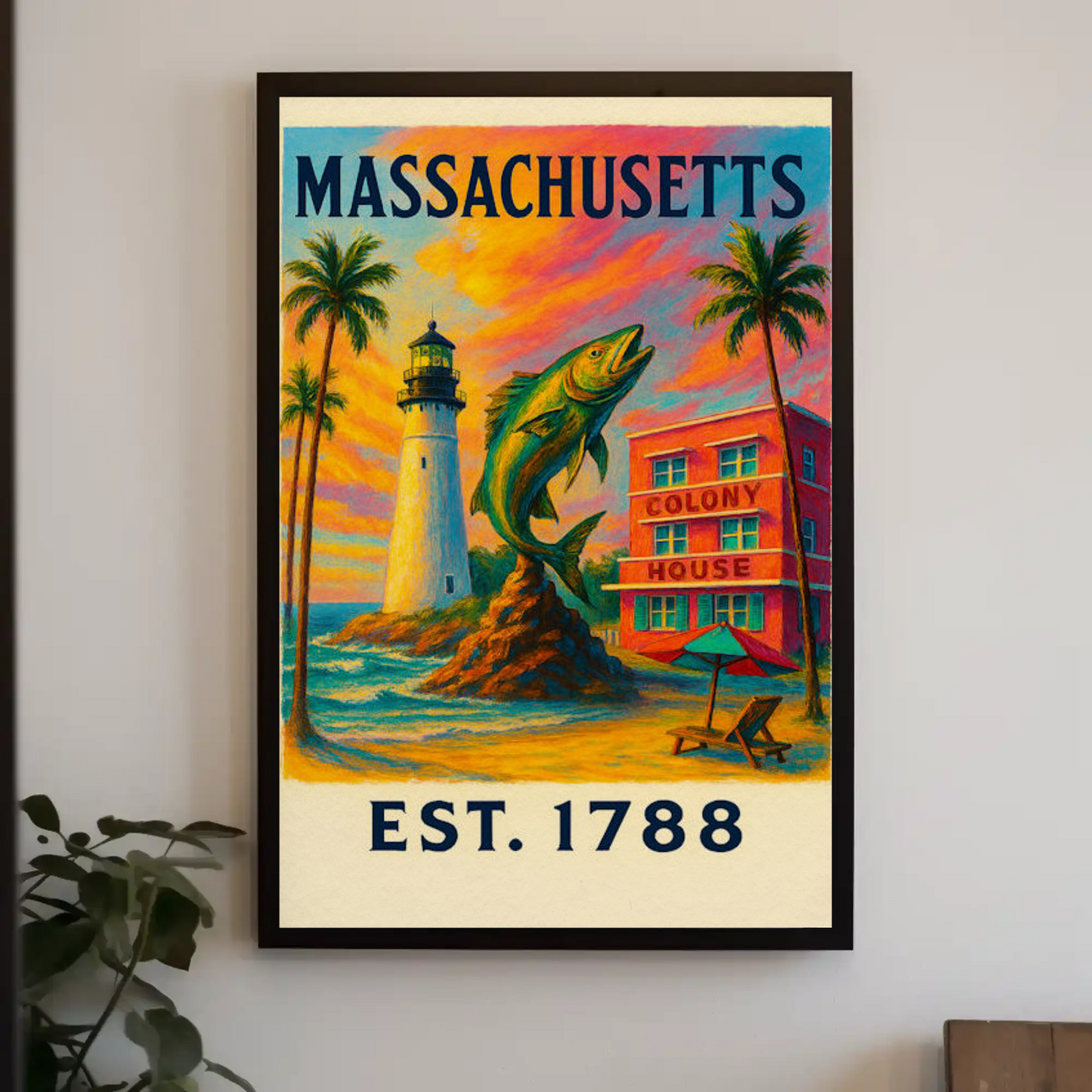 Massachusetts Lighthouse Fish Colony House Sunset Poster
