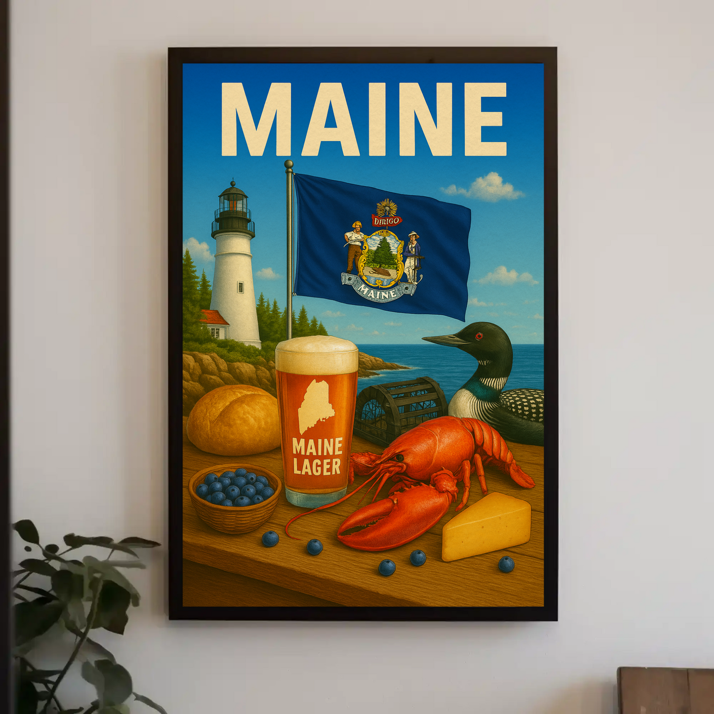 Maine Lobster Lighthouse Blueberry Beer Nature Travel Poster