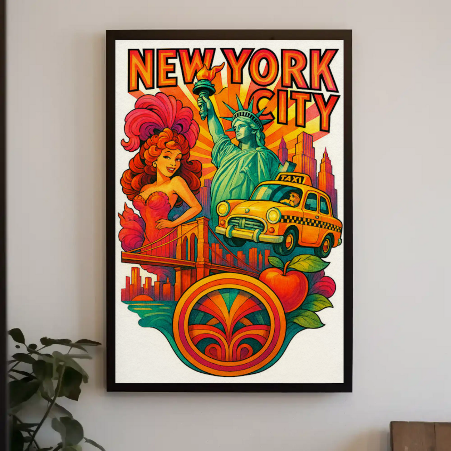 New York City Statue Brooklyn Bridge Vintage Taxi Travel Poster