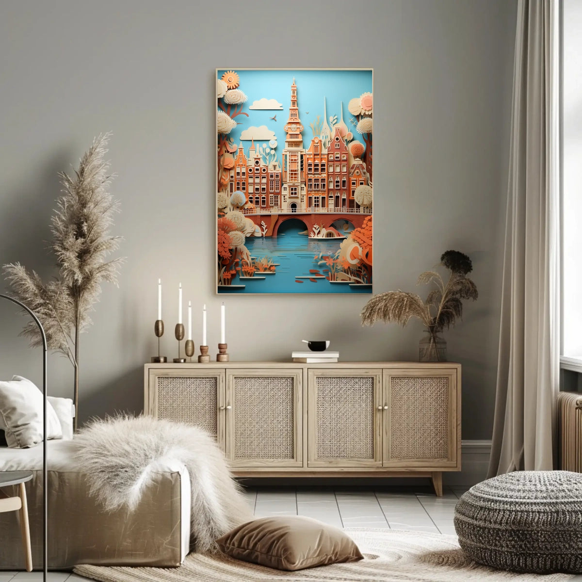 Amsterdam Canal Bridge Scene with Whimsical Urban or Cityscape Poster