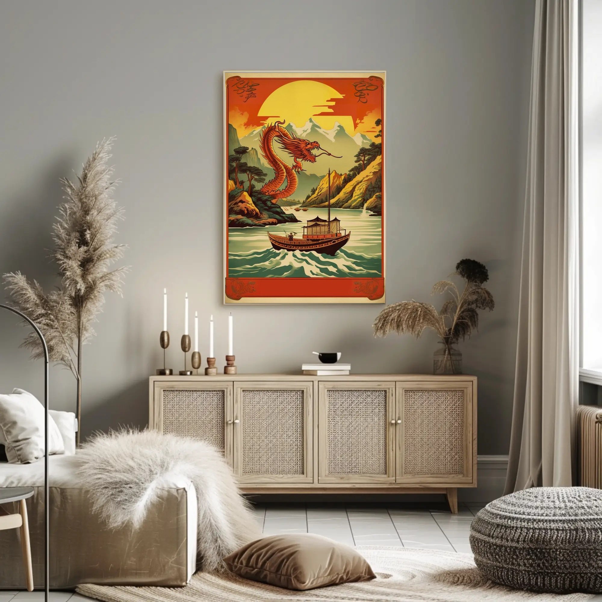 Dragon Soaring Over Serene River Poster