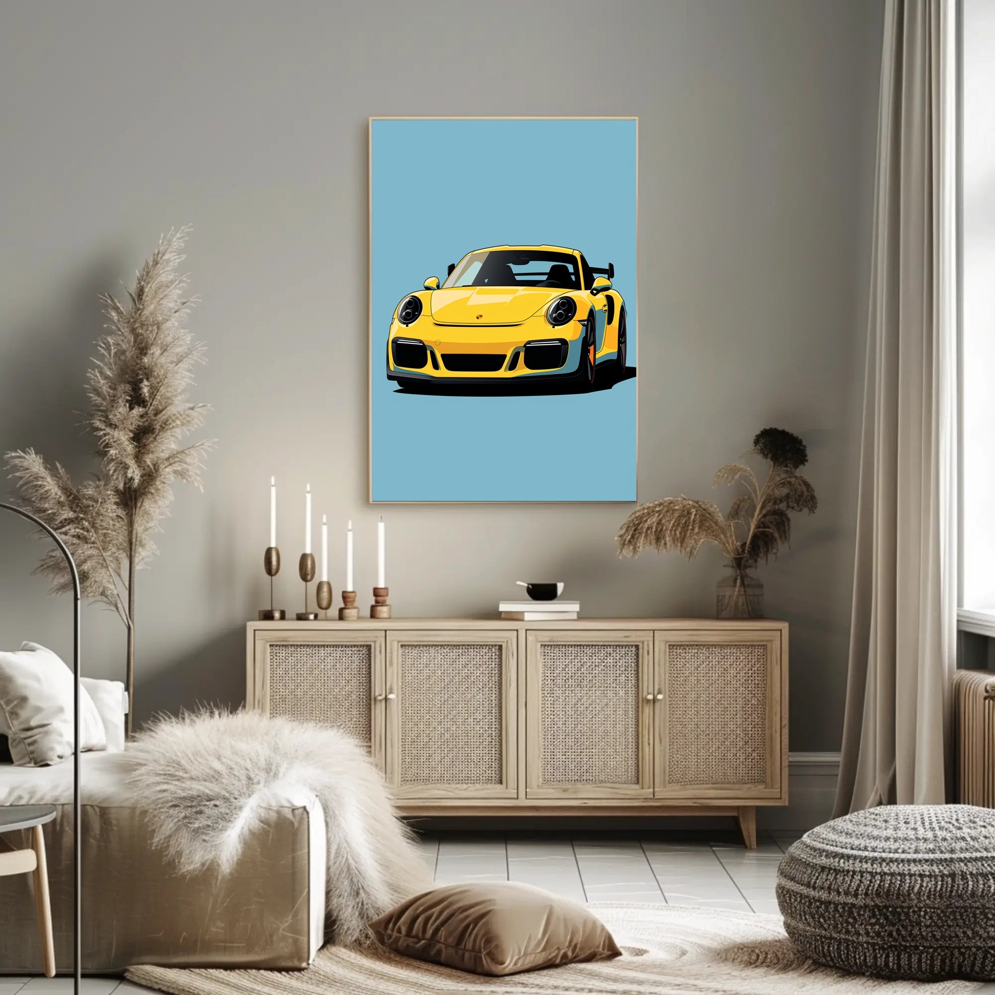 Vibrant Yellow Sports Car Illustration Poster PosterGoat
