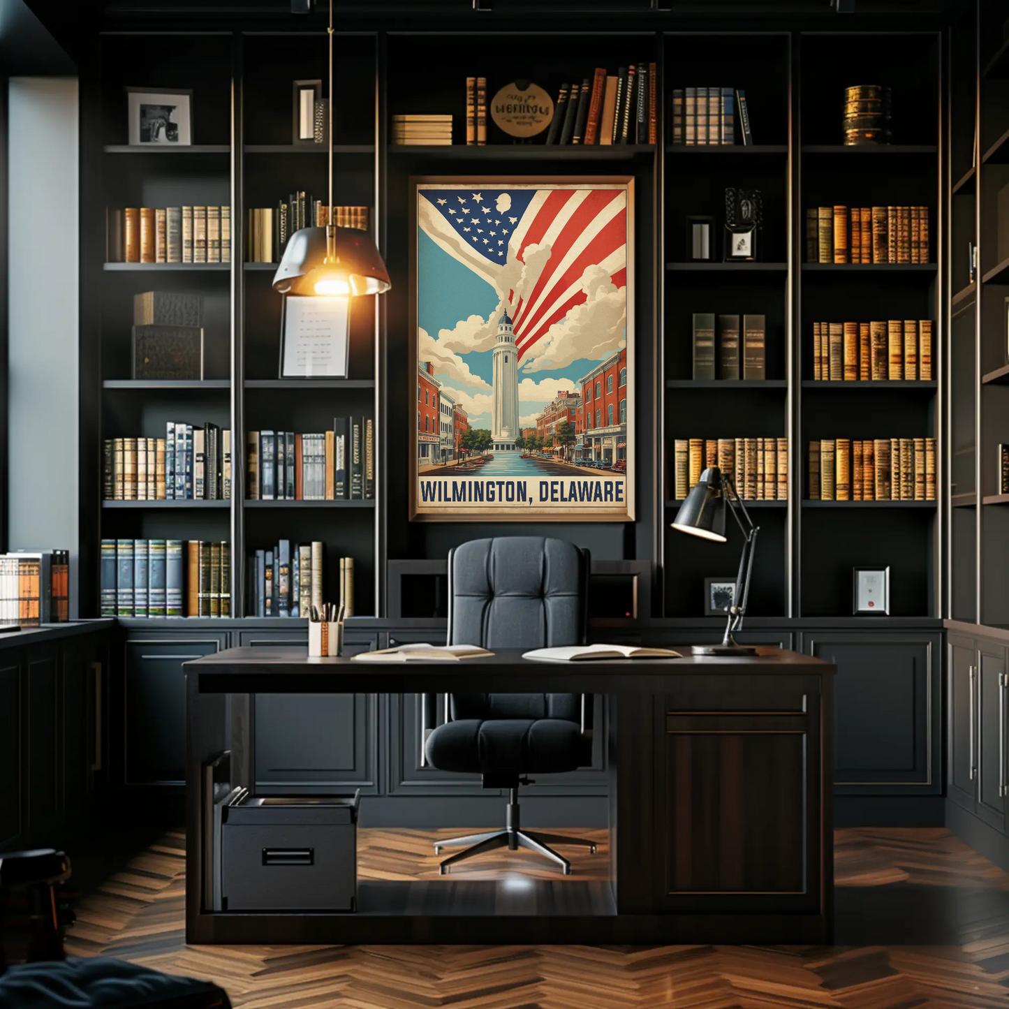 Wilmington Delaware Tower And Flag Streetscape Vintage Travel Poster