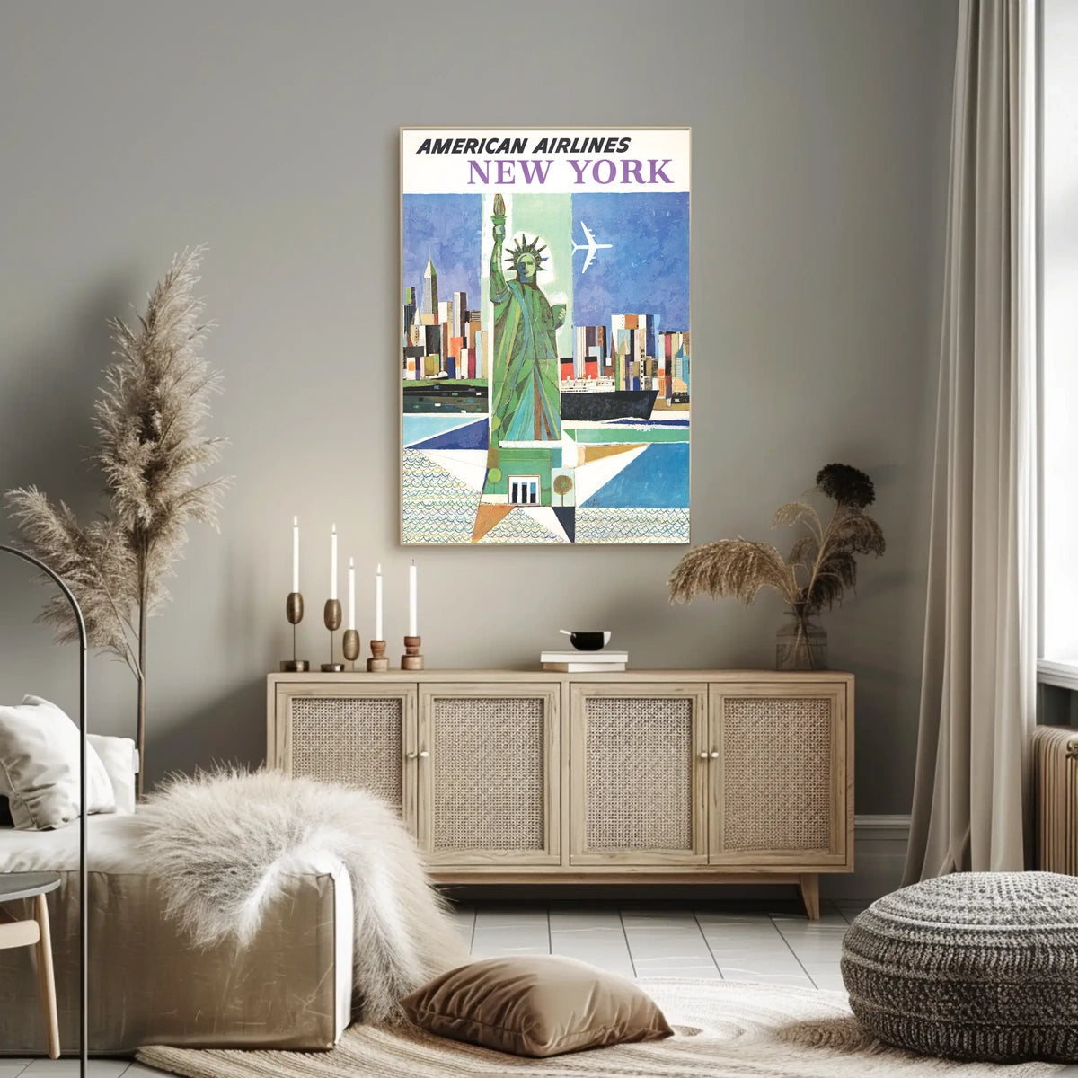 New York City Skyline Harbor Poster Vintage Wall Art