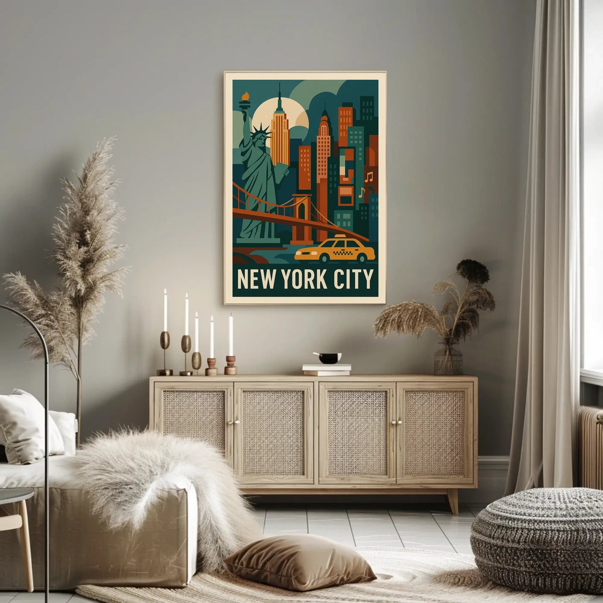 New York City Neon Skyline Cityscape Poster Retro Wall Art