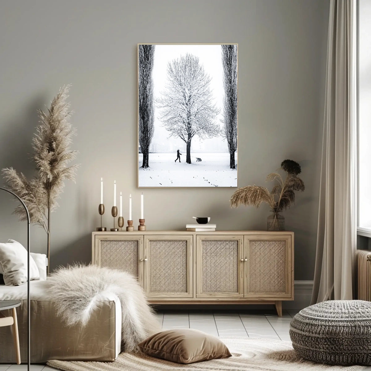 Winter Serenity: Dog Walker in Snowy Landscape