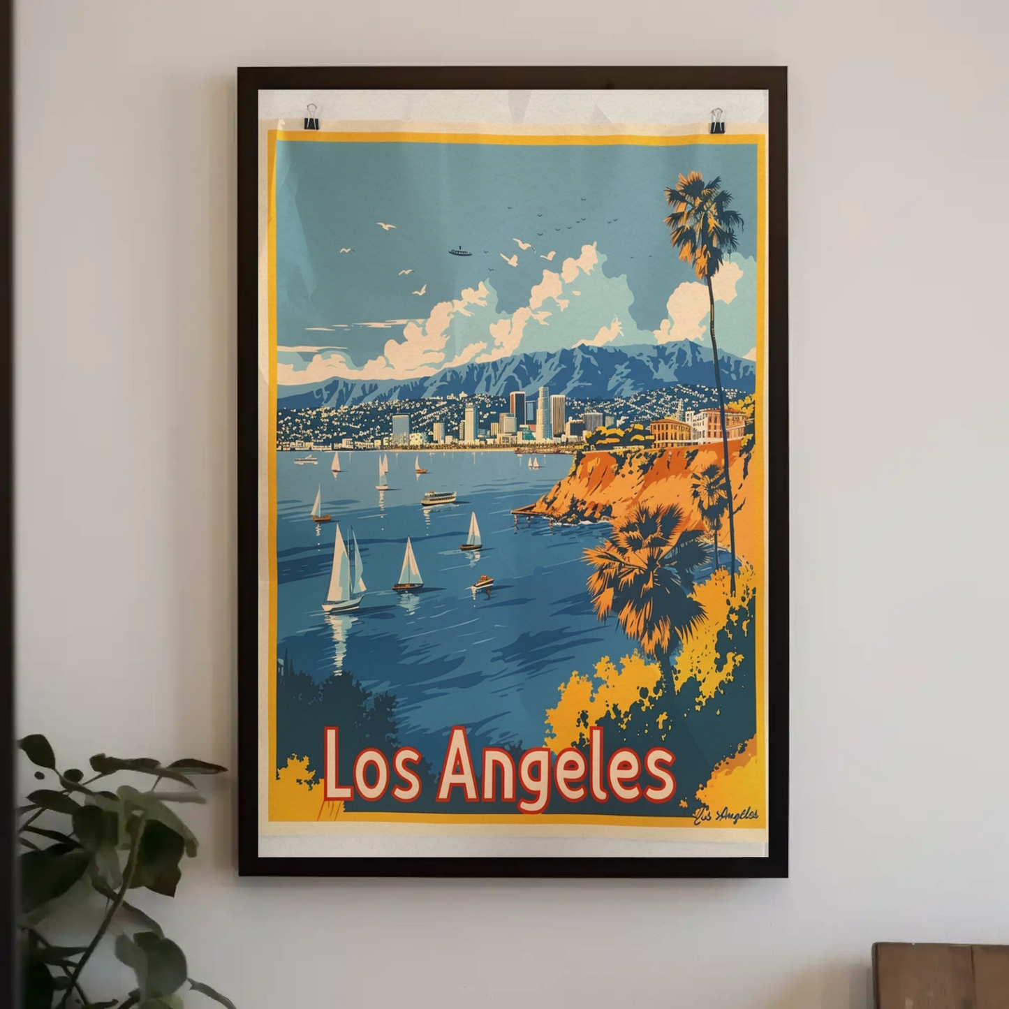 Los Angeles Coastline Sailboats Skyline Sunset Travel Poster