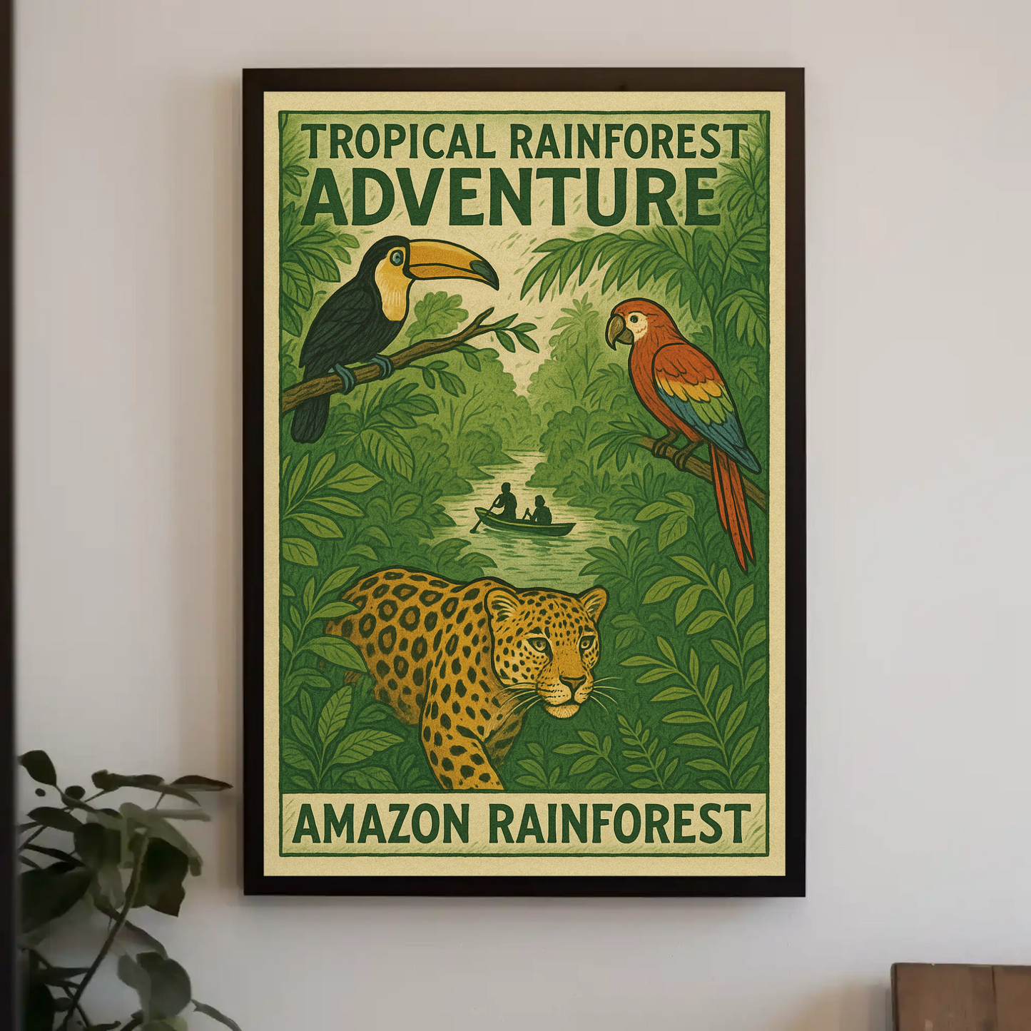 Amazon Rainforest Jaguar Parrots River Poster Poster