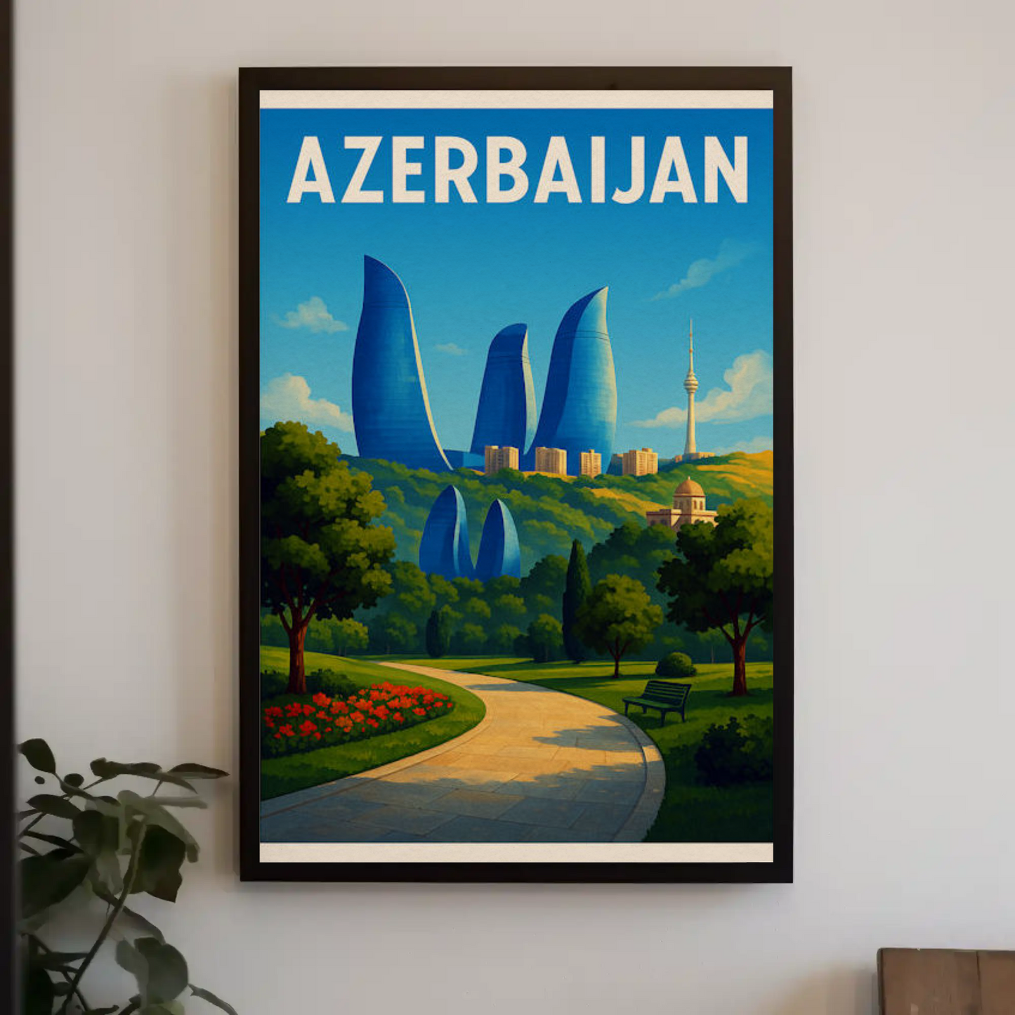 Azerbaijan Baku Flame Towers Park Path Travel Poster